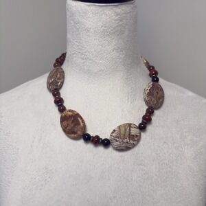 Red Rutilated Jasper Flat Stone Chocker Necklace Oval Shaped Flat Beads 19"